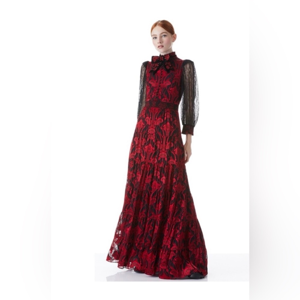 Red Lace Maxi Dress with Sheer Sleeves